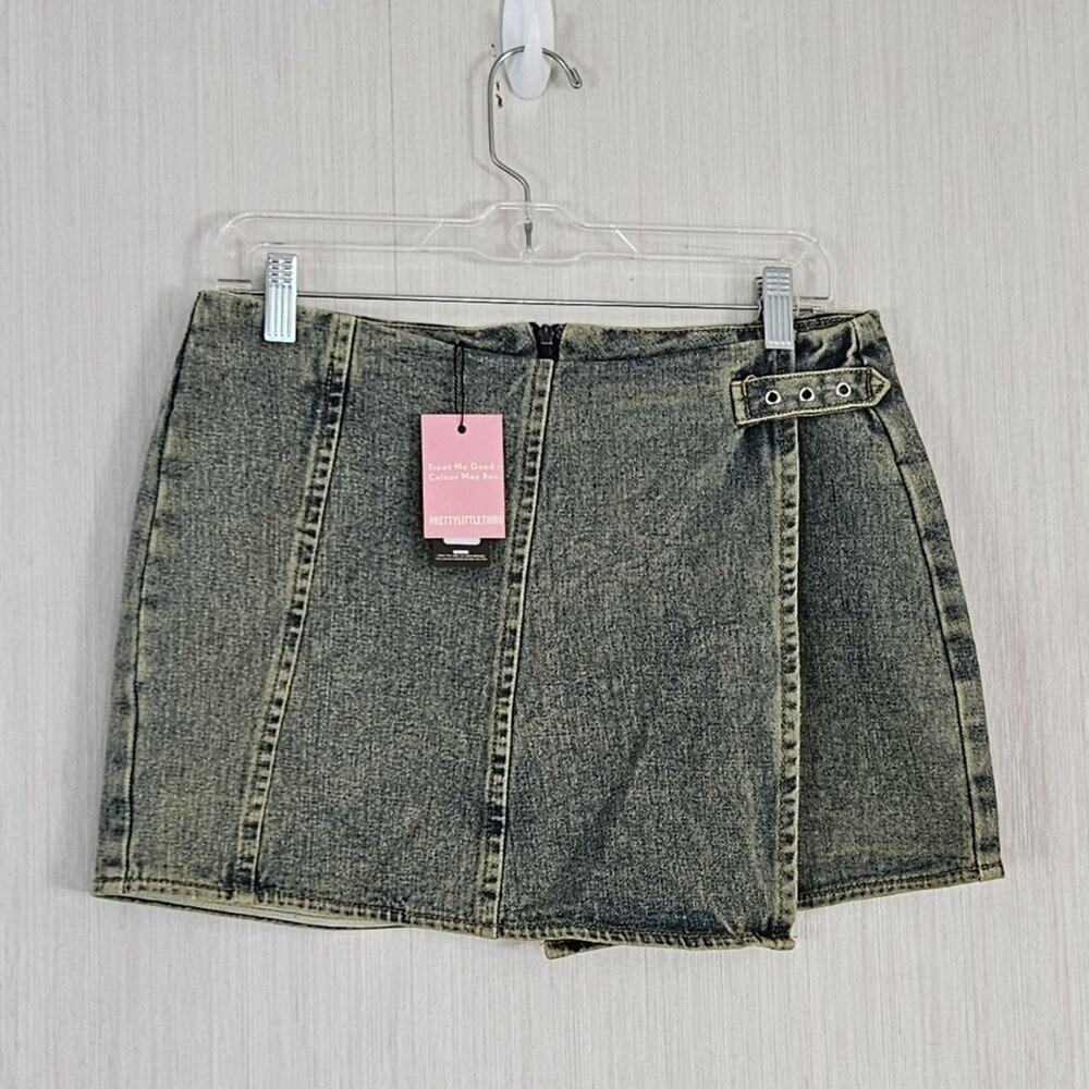 PLT Prettylittlething Vintage Wash Denim Wrap Over Mini Skirt - sz US 6 - NWT